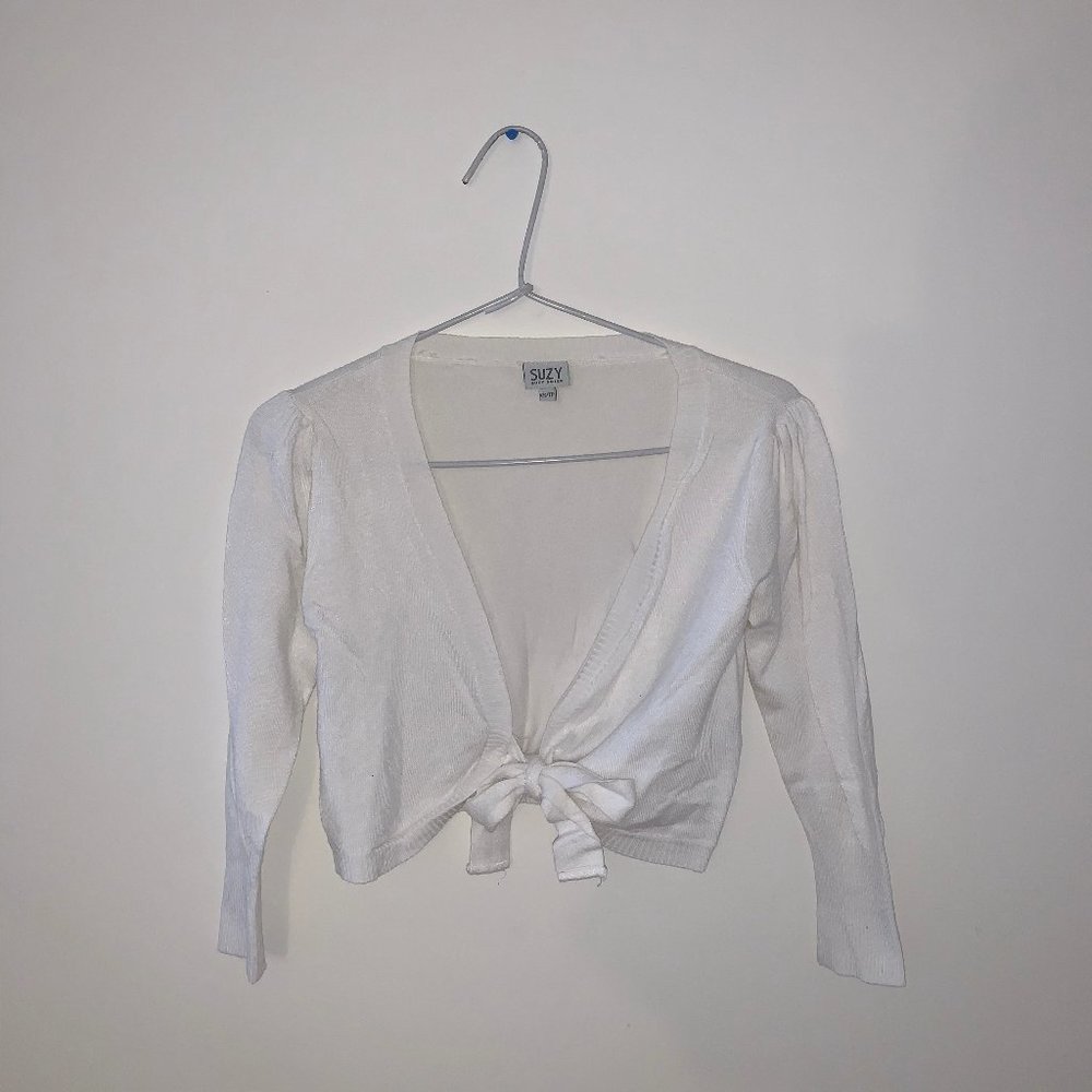 3/$20 Cropped Tie Top Cardigan Bow White XS